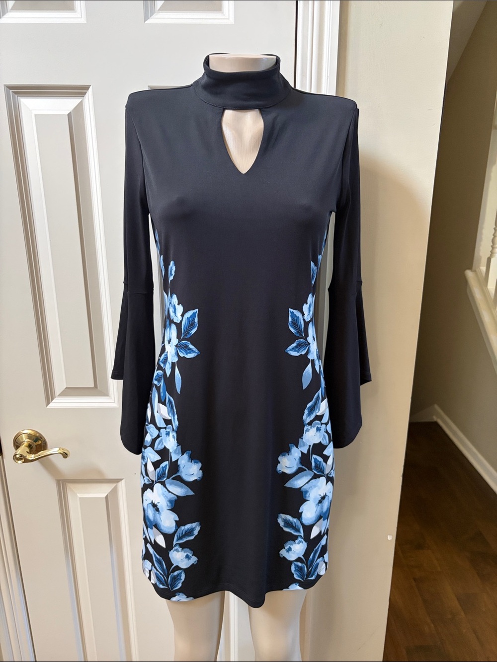 White House Black Market Black Mini Dress with Blue Floral Panels, small